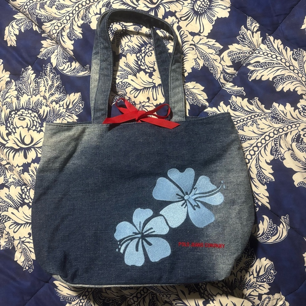 Polo Jeans Company by Ralph Lauren Blue Denim Hibiscus Shoulder Bag
